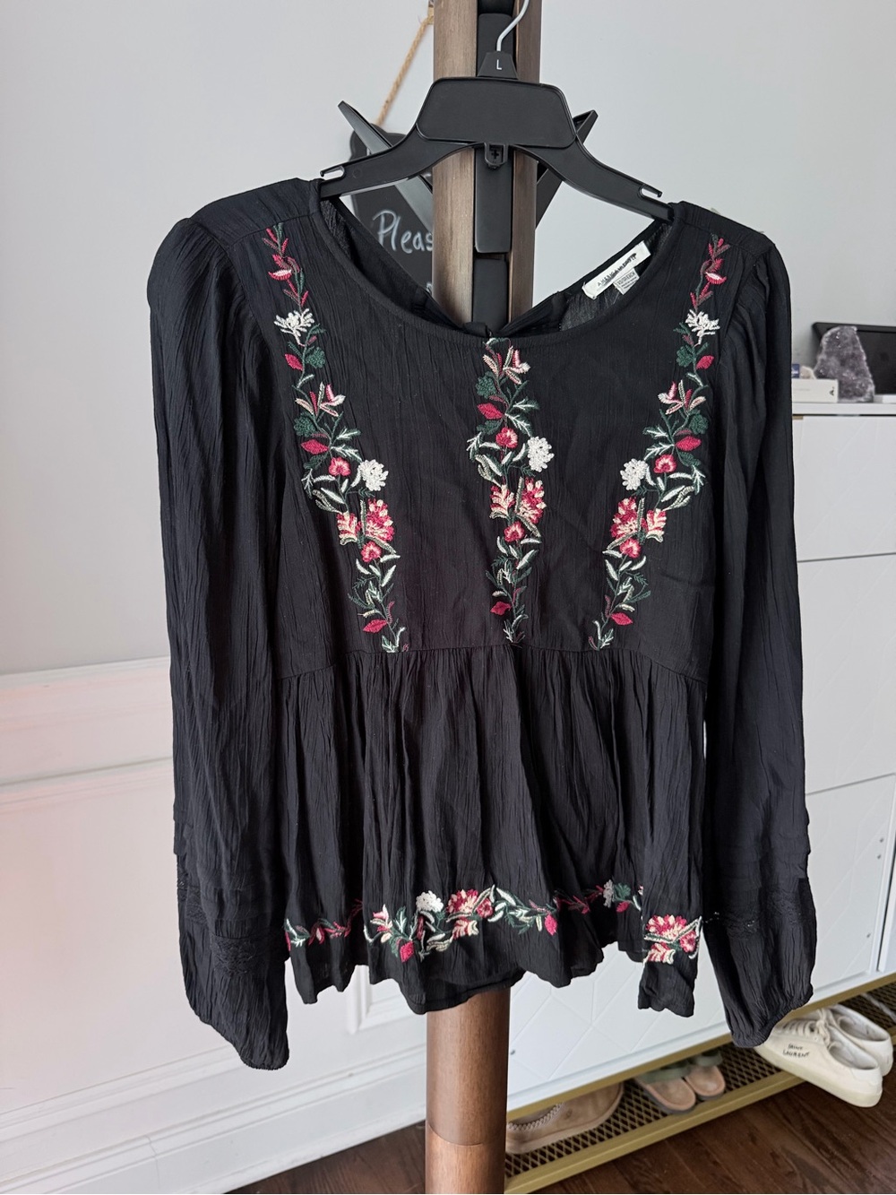 American Eagle Black Floral Embroidered Long-Sleeve Top